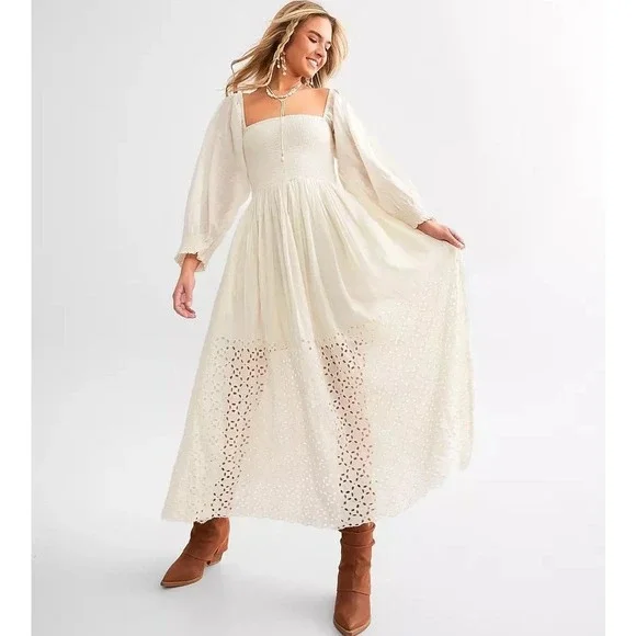 Free People Perfect Storm Midi Dress Ivory Lace Eyelet Smocked Puff Sleeve Small - Picture 1 of 7